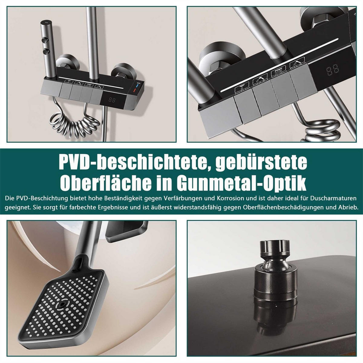 DUSCHSYSTEM mit Digitalanzeige und LED-Beleuchtung - Höhenverstellbare Duschstange mit Handbrause - Grau - Grau, Metall (35/120/30cm) - DELFA
