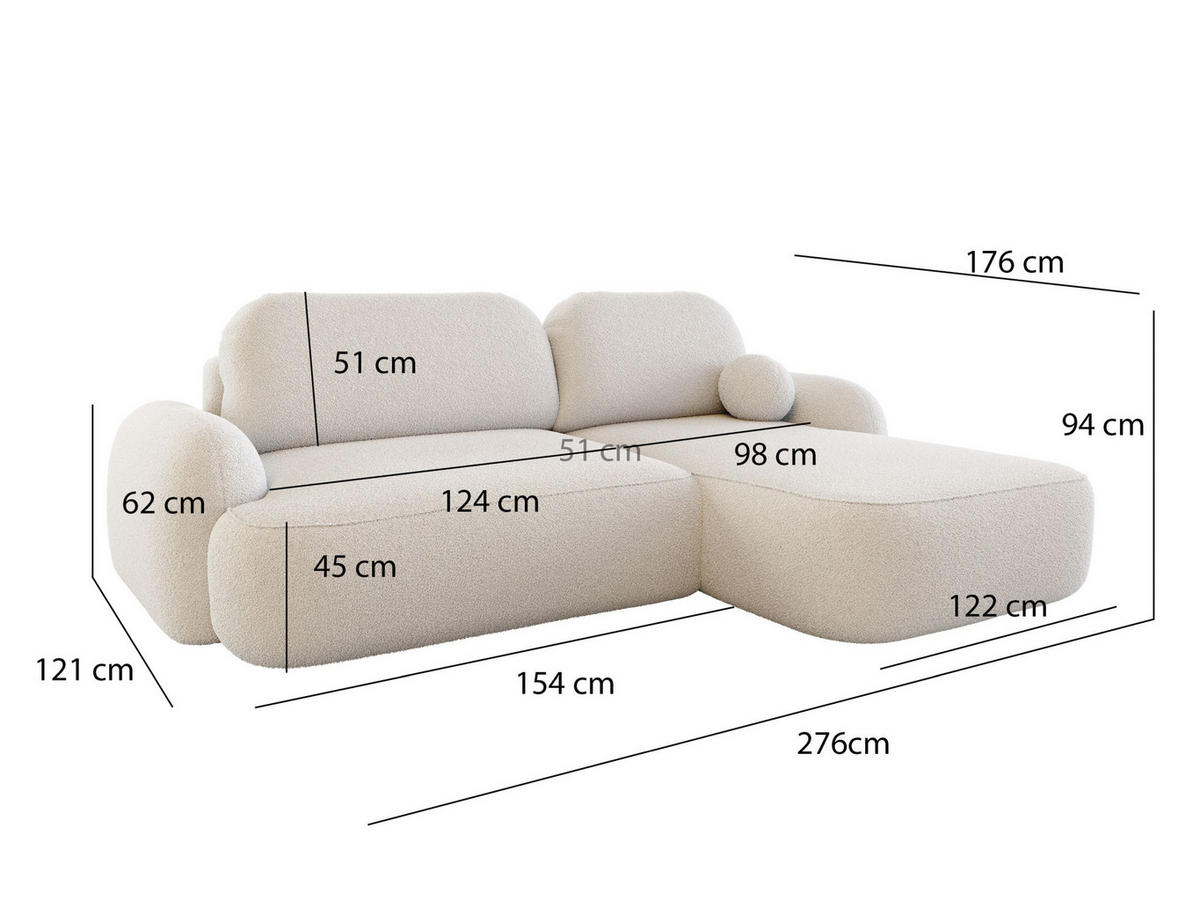 ECKSOFA MOLLY L Links QUELLE 00 mit Schlaffunktion - Weiß, Textil (275/175cm) - Bedante