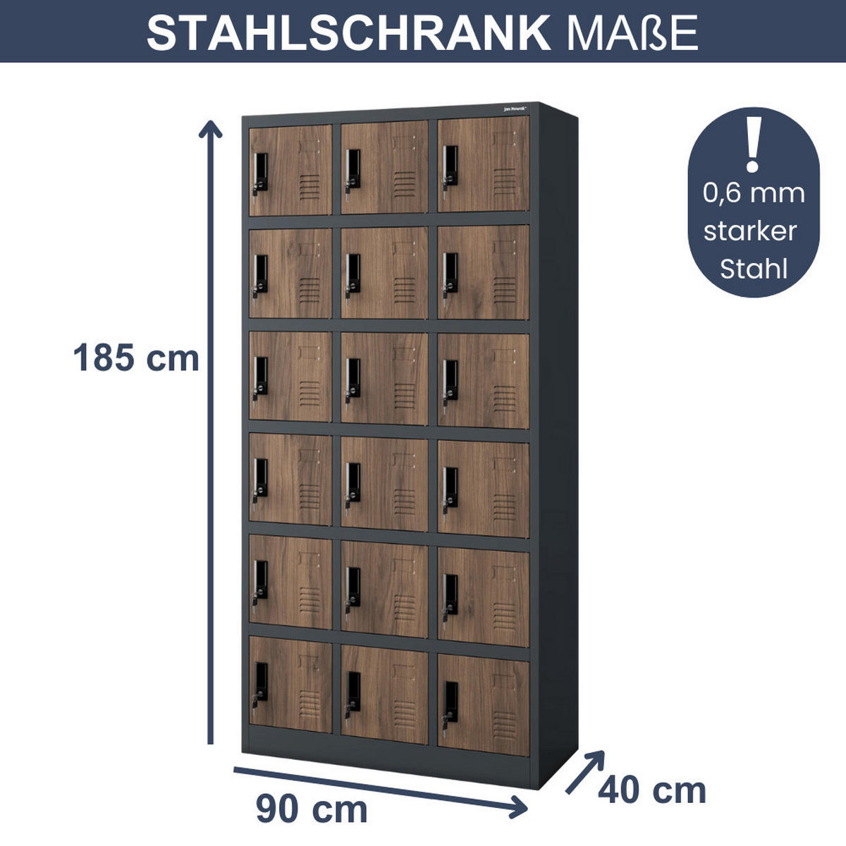 SCHLIESSFACHSCHRANK Spind BERN 18 Fächer185x90x40cm Anthrazit-Nussbaum - Anthrazit, Metall (90/185/40cm) - DELUKE