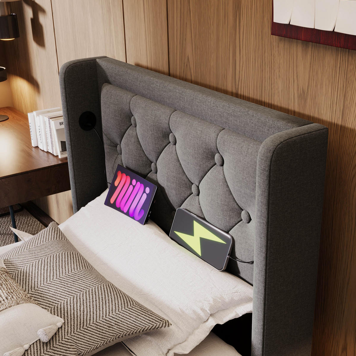 POLSTERBETT 90/200 cm Grau aus Baumwolle mit LED und USB-C - Grau, Textil (90/200cm) - OKMYHOME