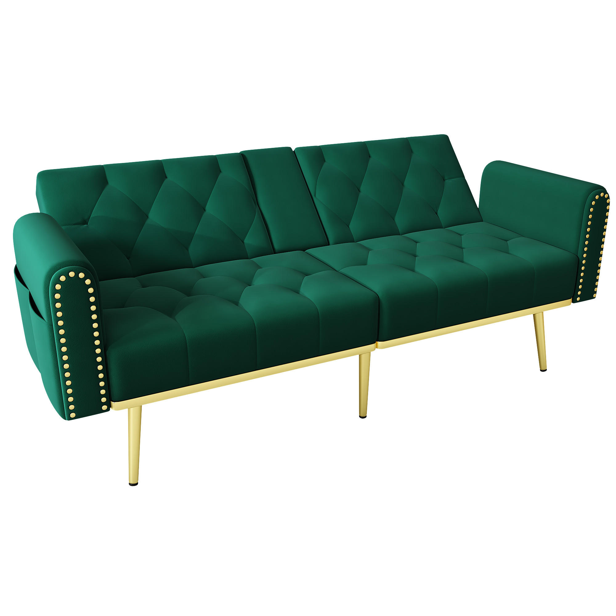 2-SITZER SCHLAFSOFA Samt Grün mit Verstellbarer Rückenlehne, Getränkehalter und Kissen - Grün, Holzwerkstoff/Textil (175/73.5/89cm) - WISHDOR