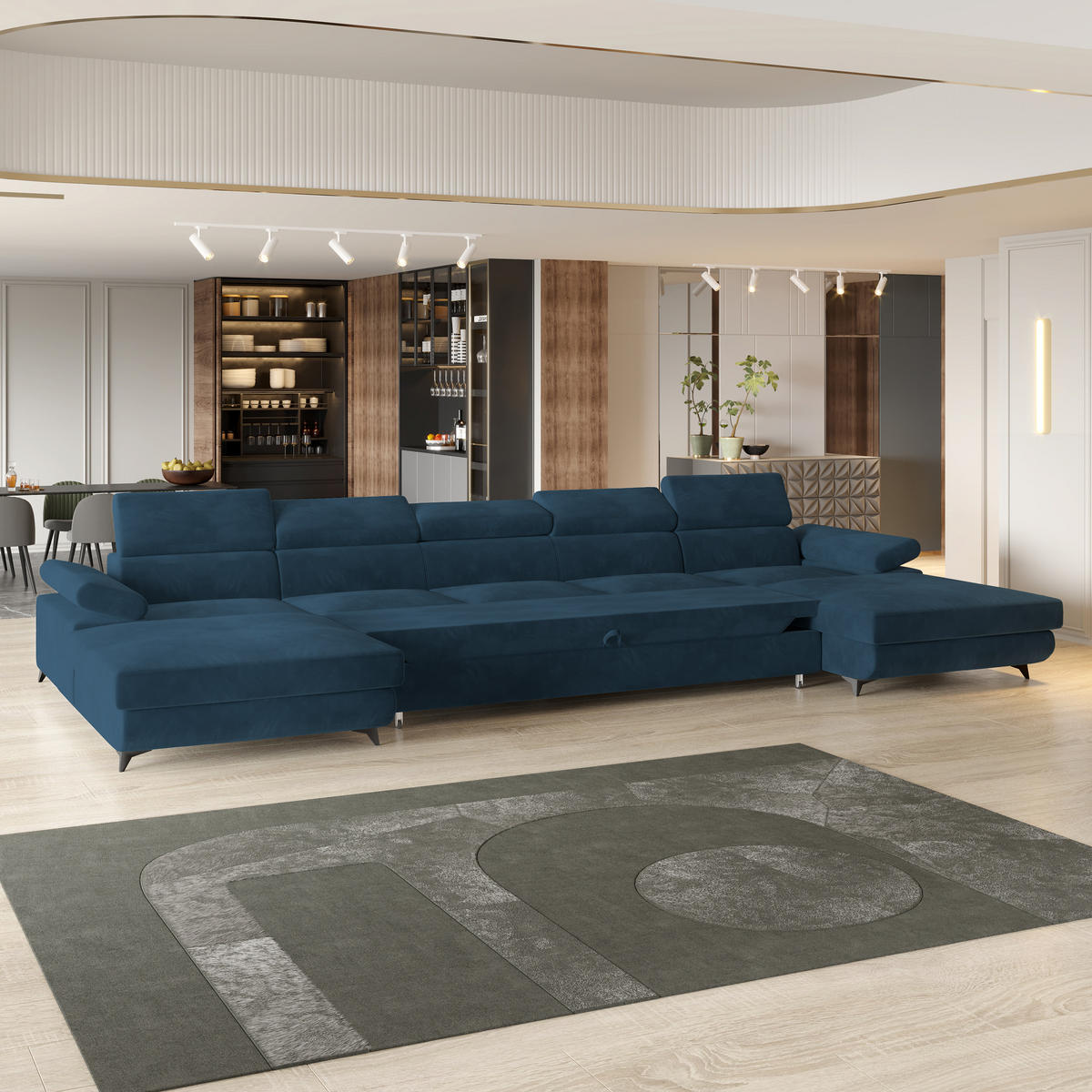 WOHNLANDSCHAFT VIVENTE Blau Velours-Stoff mit Schlaffunktion - Blau, Holz (410/89/190cm) - MASSENO