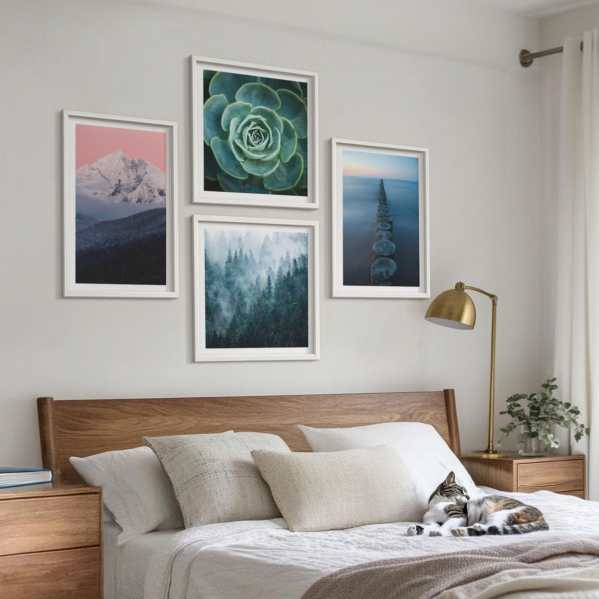BILDER SET 4er Set - 50x50 cm & 40x60 cm Weißer Rahmen - Berge, rosa Himmel, Wasser, Sukkulente - Weiß, Kunststoff (50/50cm) - TULUP
