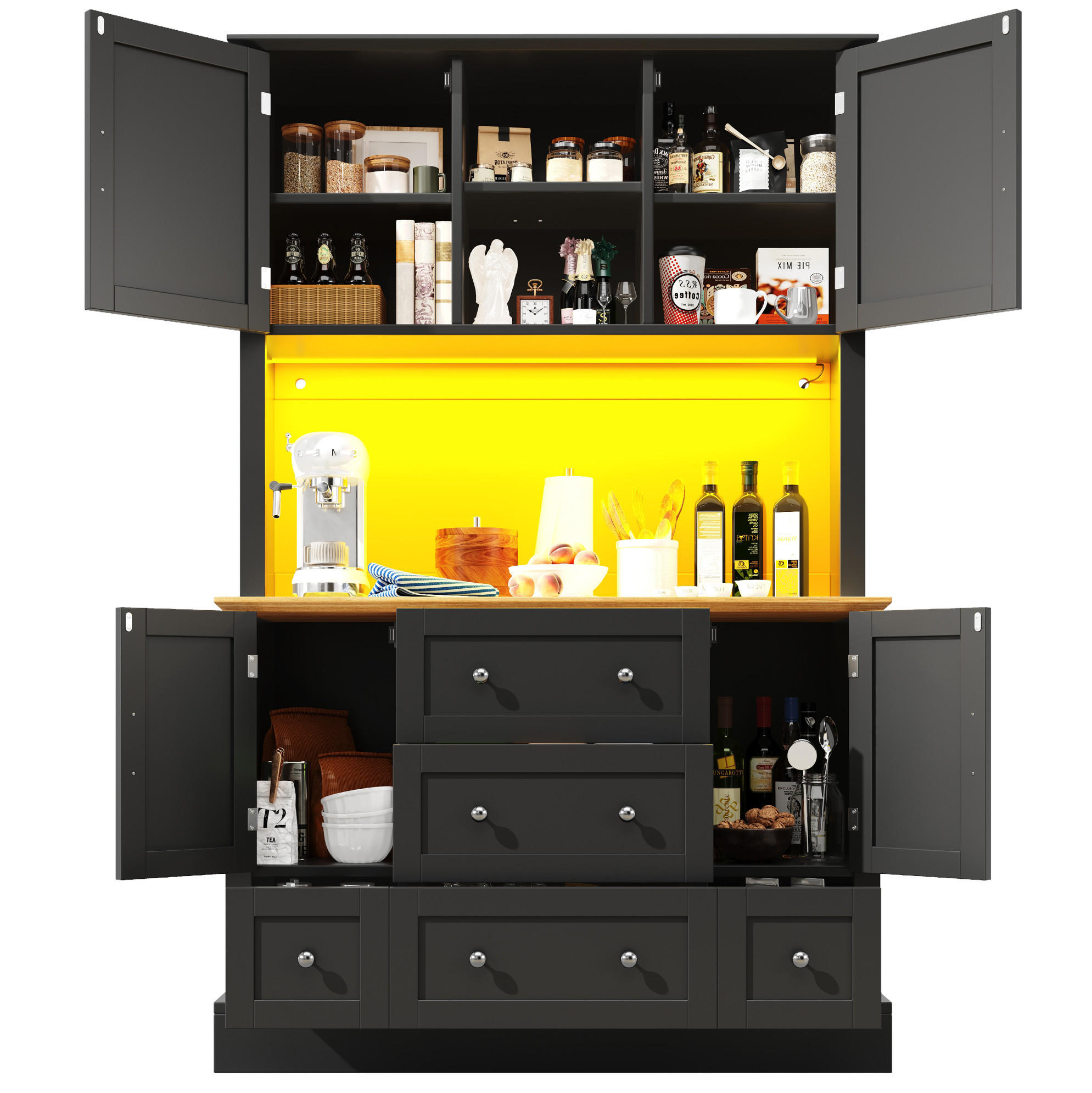 ANRICHTE Hochschrank 115/40/180 cm aus MDF mit LED-Beleuchtung und App-Steuerung Schwarz/Natur - Schwarz, Holzwerkstoff (115/180/40cm) - Modenvie