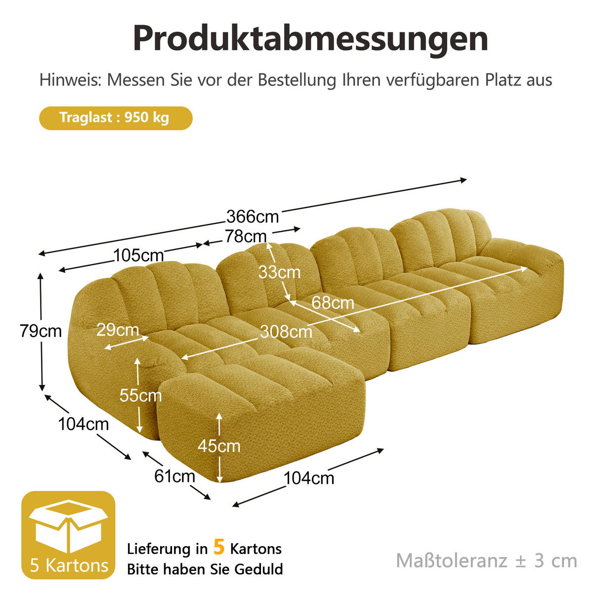 ECKSOFA 366/165/79 cm Gelb Granulatvlies mit 1 Fußhocker - Gelb, Textil (366/165cm) - Oxeza