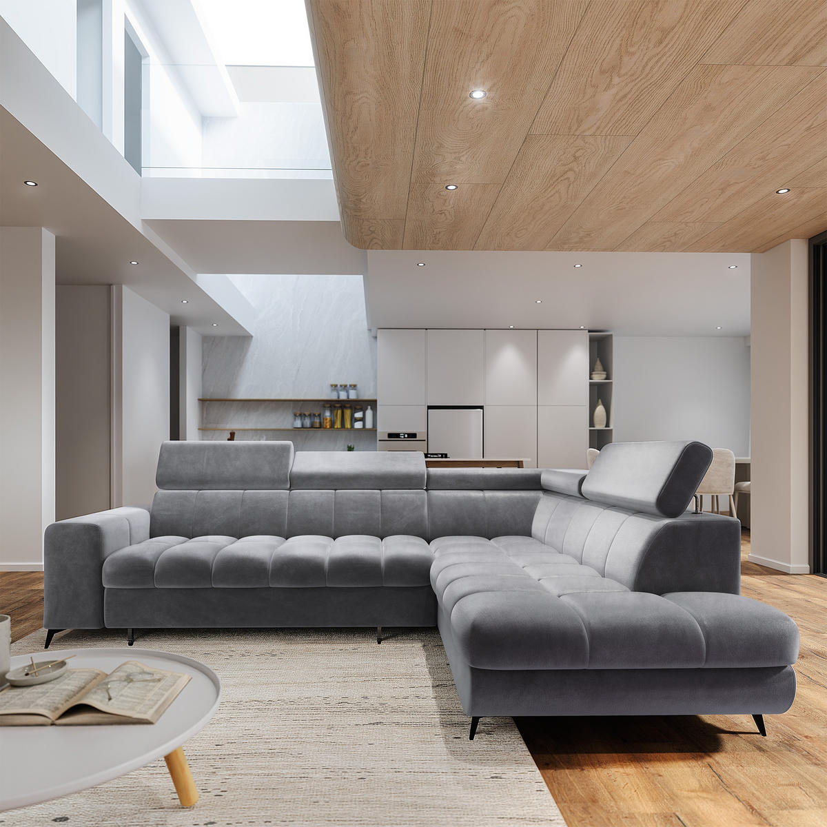 ECKSOFA MORIVA R-S Hellgrau Velours-Stoff mit Schlaffunktion - Hellgrau, Holz (253/190cm) - MASSENO