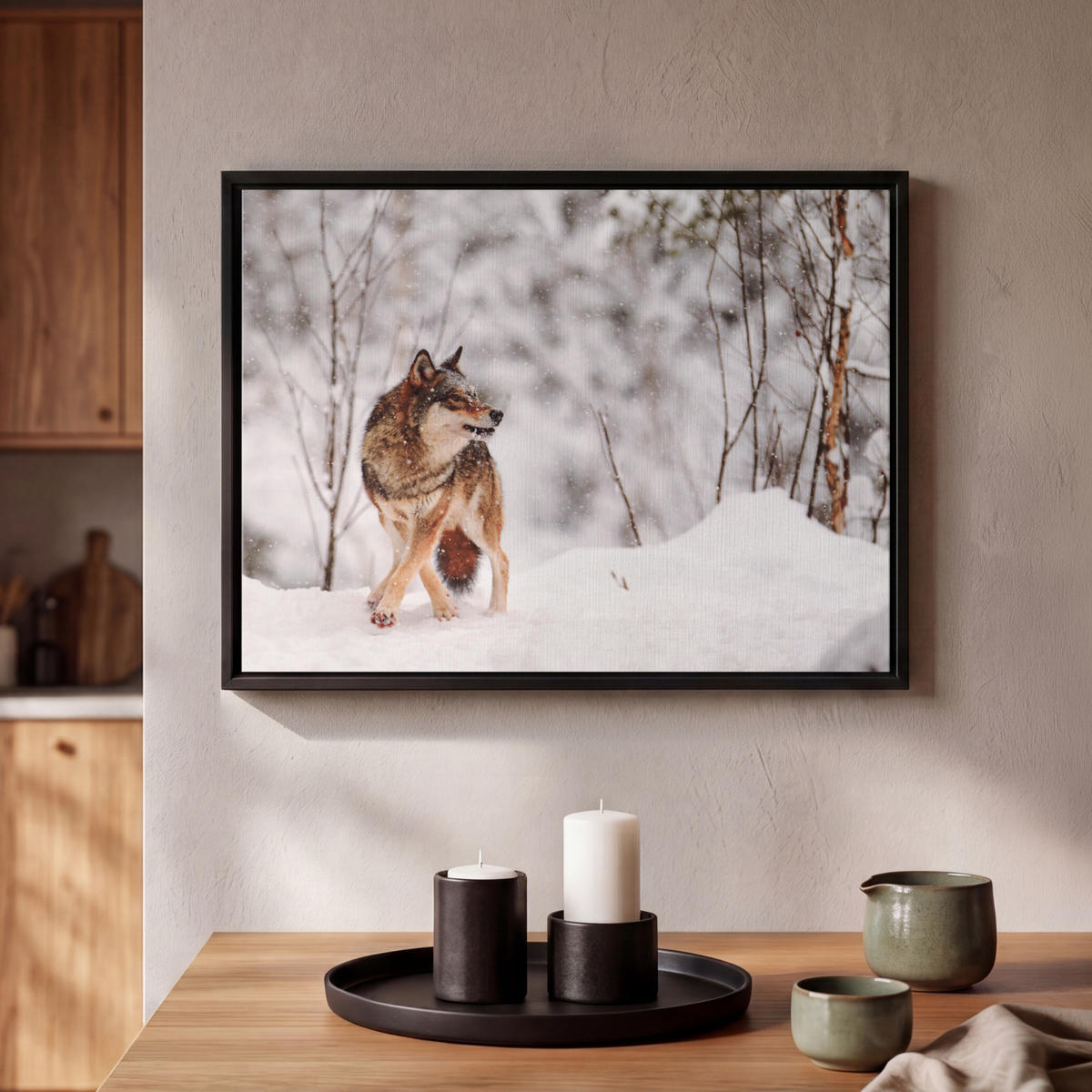 LEINWAND Bilder mit Rahmen - Wolf - Winter - Schnee - Natur - Tiere - 40x30 - Haselnussfarben, Textil (40/30cm) - MuchoWow