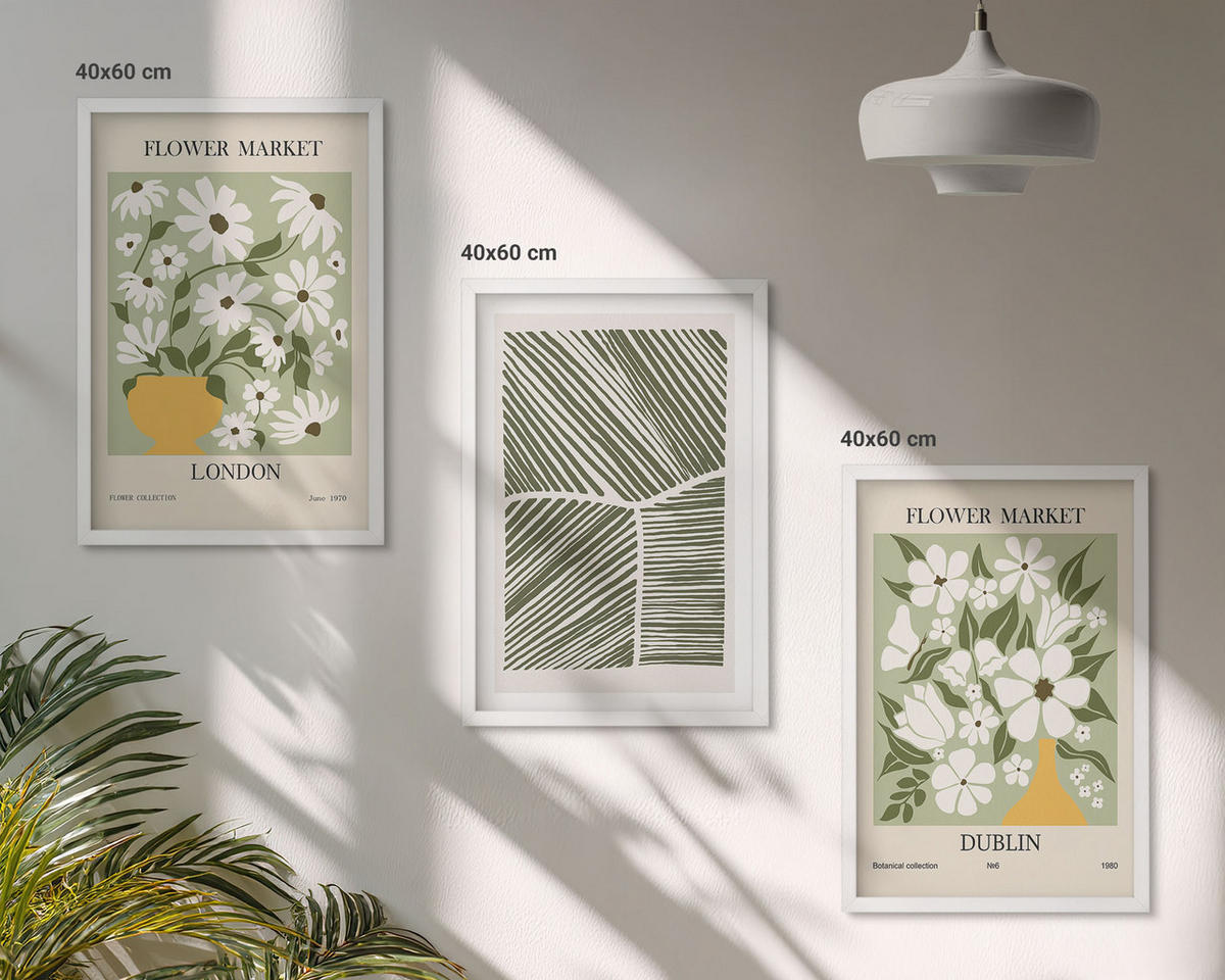 WANDBILDER 3er-Set - 40x60 cm Weißer Rahmen - Blumenmuster London Dublin - Weiß, Kunststoff (40/60cm) - ArtPrintCave