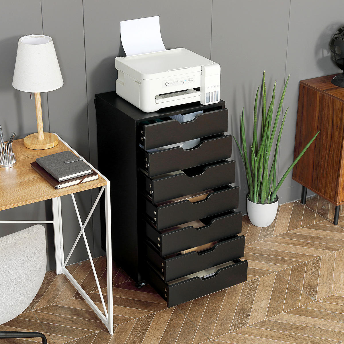 ROLLCONTAINER DE-14439 7 Schubladen für A4/Letter - Schwarz, Holzwerkstoff (39.5/90/47.5cm) - ComfortXL