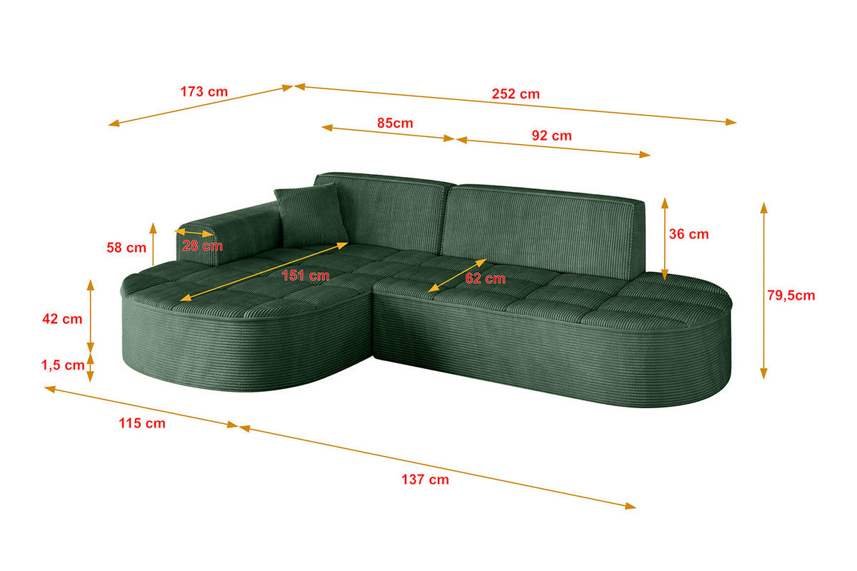 ECKSOFA Ottomane Links LIVO-L1 - 252x173x79,5 cm Grün - Grün, Holzwerkstoff/Textil (252/173cm) - ALTDECOR