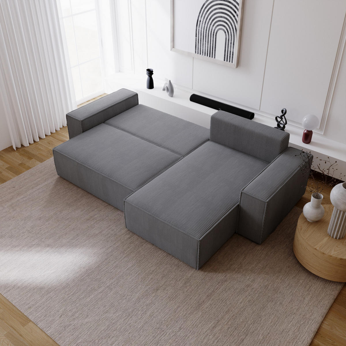 ECKSOFA Bergamo L mit Cordstoff, 280 cm, Schlaffunktion, Rechts - Grau - Grau, Holz (189/277cm) - Emporius