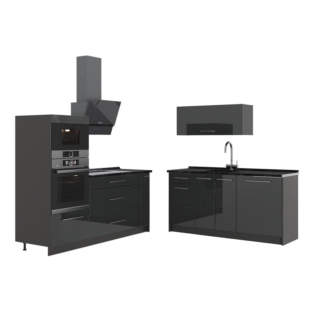 KÜCHENZEILE Fame-Line, Anthrazit Hochglanz/Anthrazit, 340 cm ohne Arbeitsplatte - Schwarz Hochglanz/Anthrazit, Holzwerkstoff (340/153.6/51.6cm) - Vicco