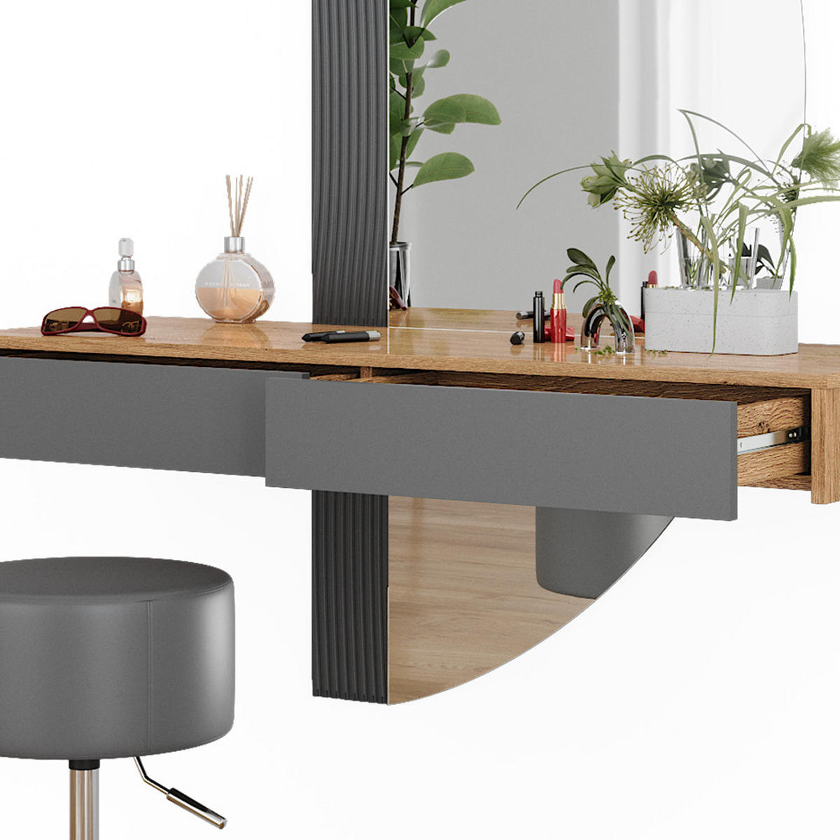 SCHMINKTISCH Melisa Grau 120 cm mit Beleuchtung und Hocker - Eichefarben/Grau, Holzwerkstoff (120/161.1/40cm) - Vicco