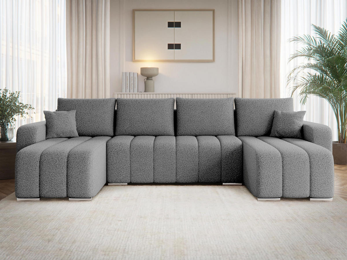 WOHNLANDSCHAFT Pufetto U Boucle - Silberfarben/Grau, Holz/Textil (313/86/147cm) - MIRJAN24