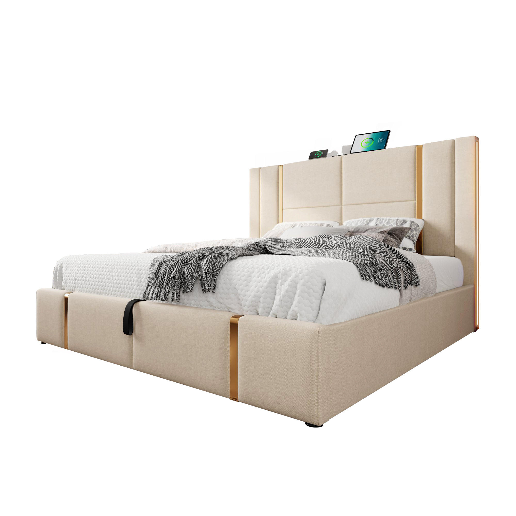 POLSTERBETT 140x200 Beige Leinen LED App USB-C Stauraum - Beige, Naturmaterialen (140/200cm) - FLIEKS