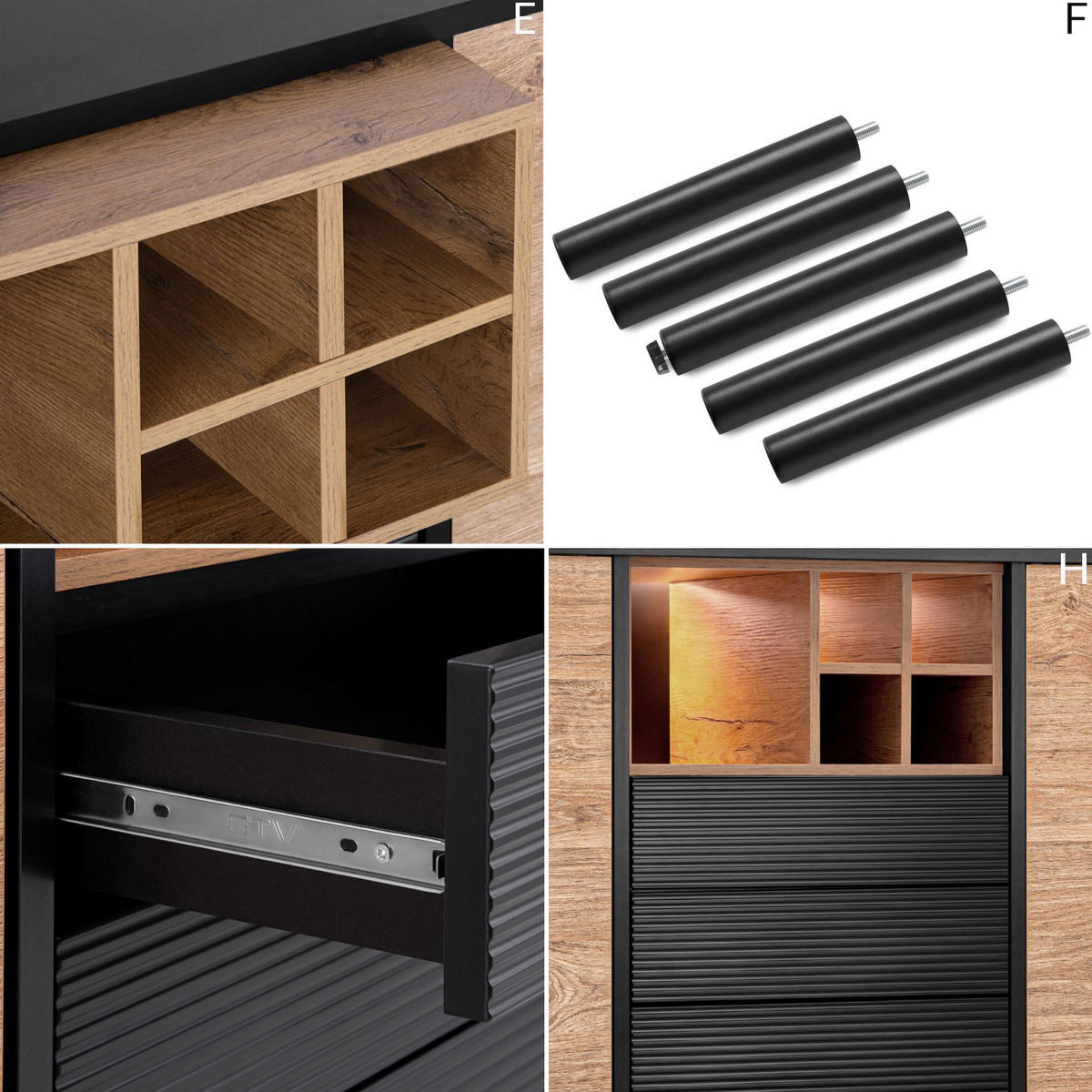 KOMMODE LOFTY Weineinlage, schwarz / Eiche natur - Eichefarben/Multicolor, Holzwerkstoff (151/84/41cm) - KONSIMO®