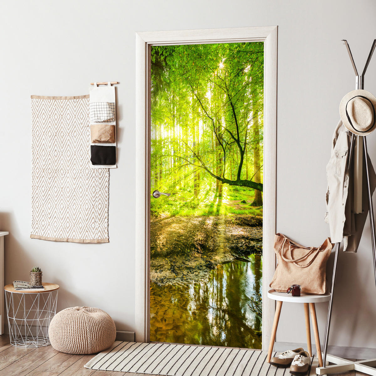 TÜRAUFKLEBER Wald - Landschaft - Wasser - Bäume - Sonne - Grün - Natur 80x215 cm - Türtapete - Hellgrün, Kunststoff (80/0.1cm) - MuchoWow