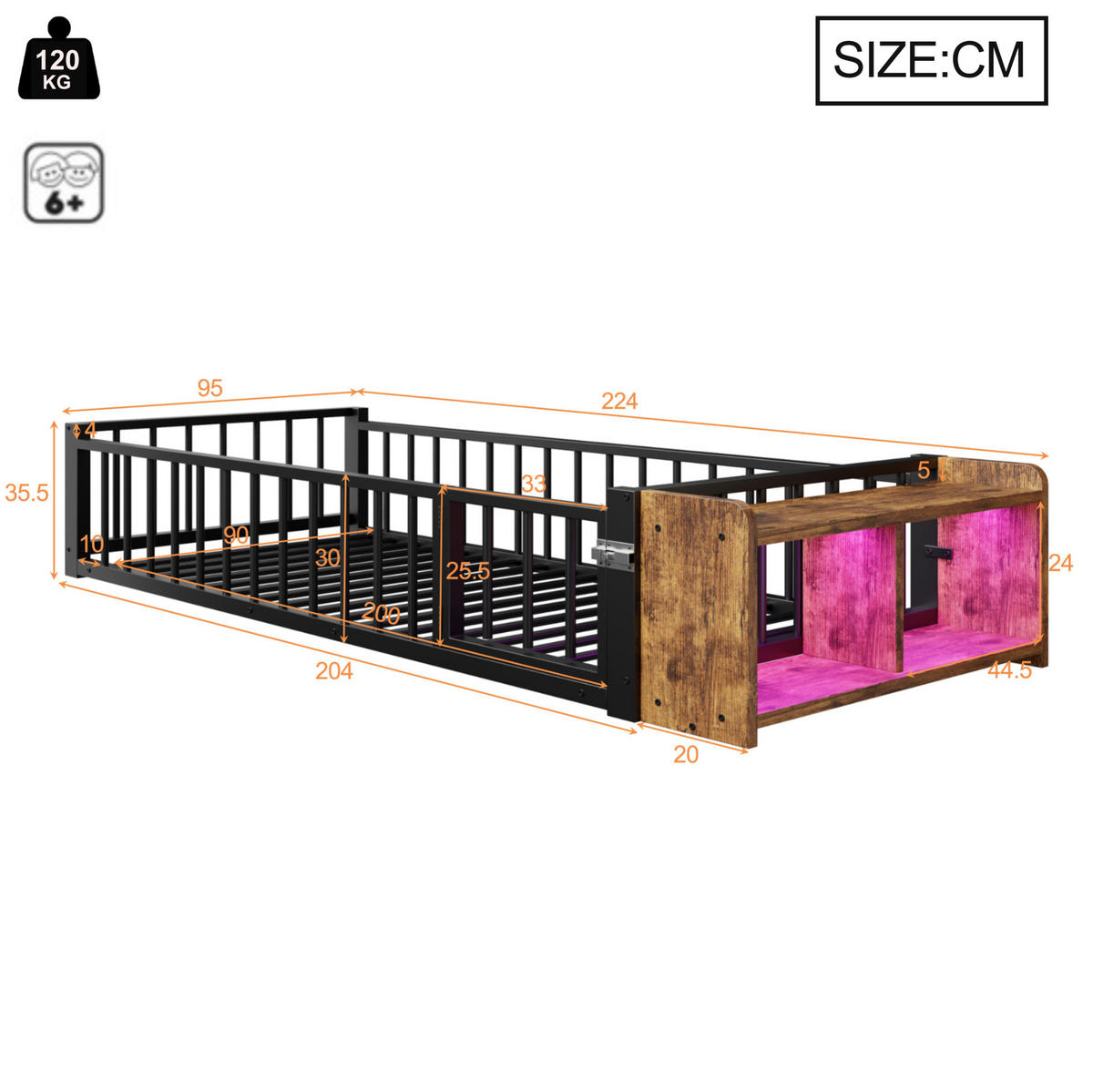 KINDERBETT 90/200 cm, Schwarz mit Schutzgeländer und LED, ohne Matratze - Schwarz, Metall (90/200cm) - MIVRAY