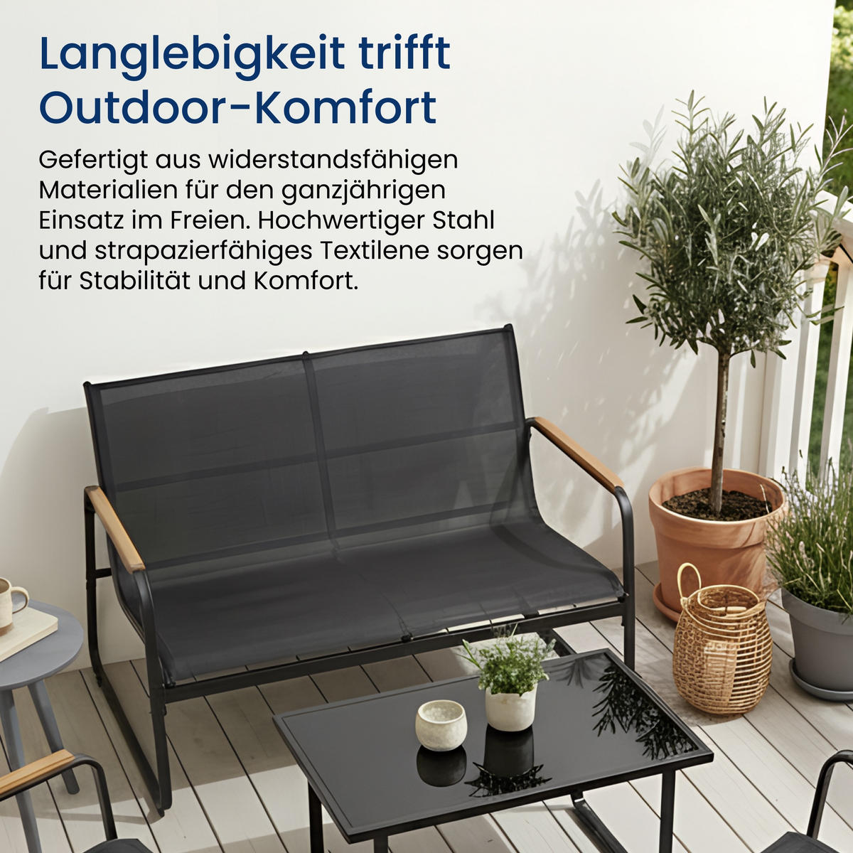 GARTENLOUNGE-SET mit 2-Sitzer-Sofa, zwei Sesseln und Couchtisch - Schwarz, Metall - Home Collective