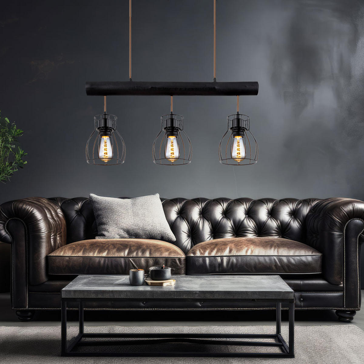 PENDELLAMPE Holz Schwarz Metallgitter - Schwarz, Holz (60/13.6/140cm) - Globo Lighting