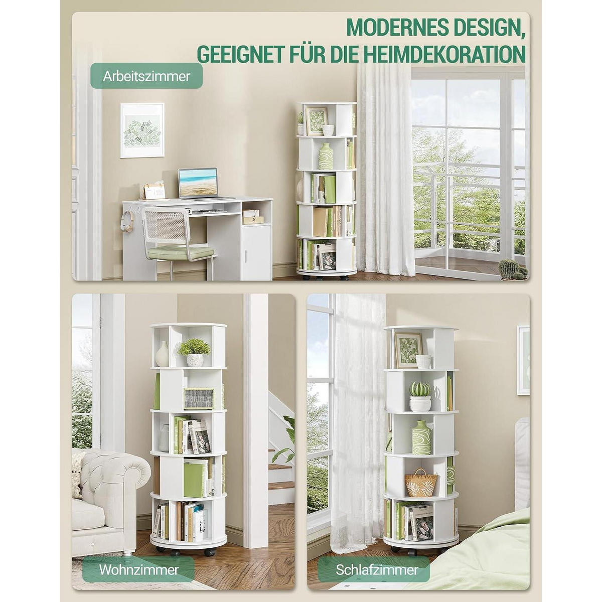 DREHBARES Bücherregal 5 Ebenen mit Rollen 45 x 45 x 161,5 cm Weiß - Weiß, Holzwerkstoff (45/161.5/45cm)