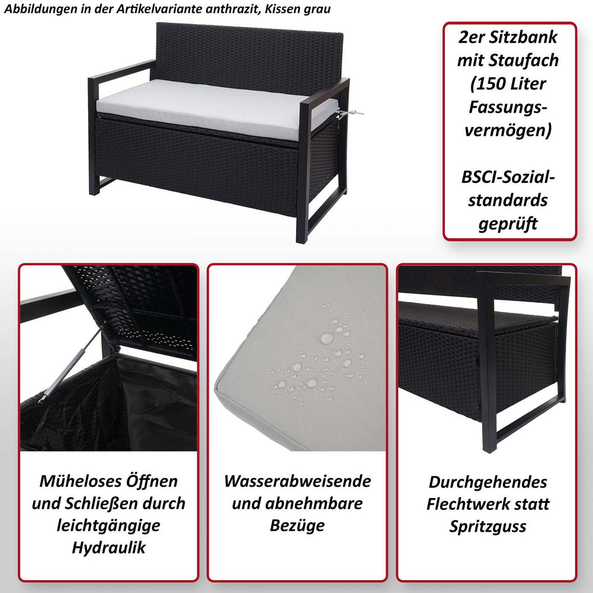 POLY-RATTAN 2ER SITZBANK Grau, Beige - Beige/Grau, Kunststoff (117/87/57cm) - MCW