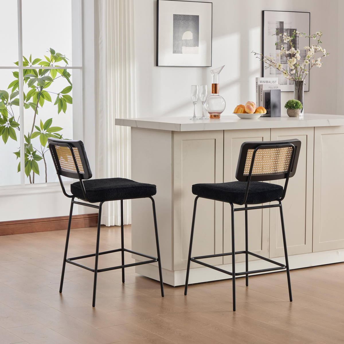 BARHOCKER DE-36881 2er-Set mit Chenille-Bezug und Rattan-Optik Schwarz - Schwarz, Metall (59.8/96.5/46.2cm) - ComfortXL