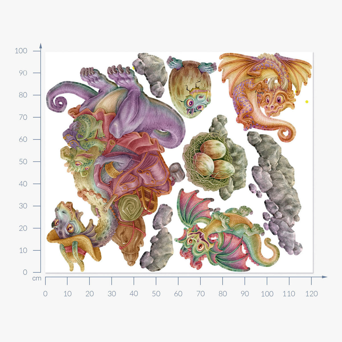WANDAUFKLEBER 100x122cm - Drachenfamilie - Multicolor, Kunststoff (100/122/0.1cm) - Wallfluent