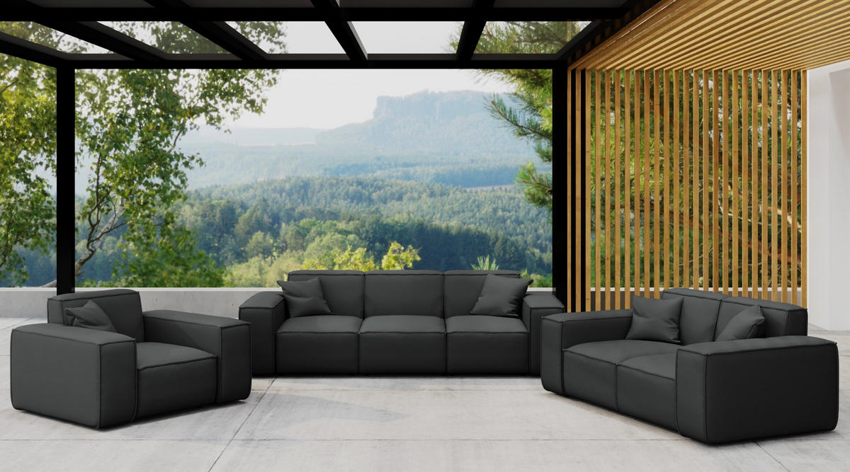 LOUNGEGARNITUR 3 2 1 Gartenmöbel, MALIBU Stoff Odyssey Schwarz - Schwarz, Holz - Kaiser Möbel