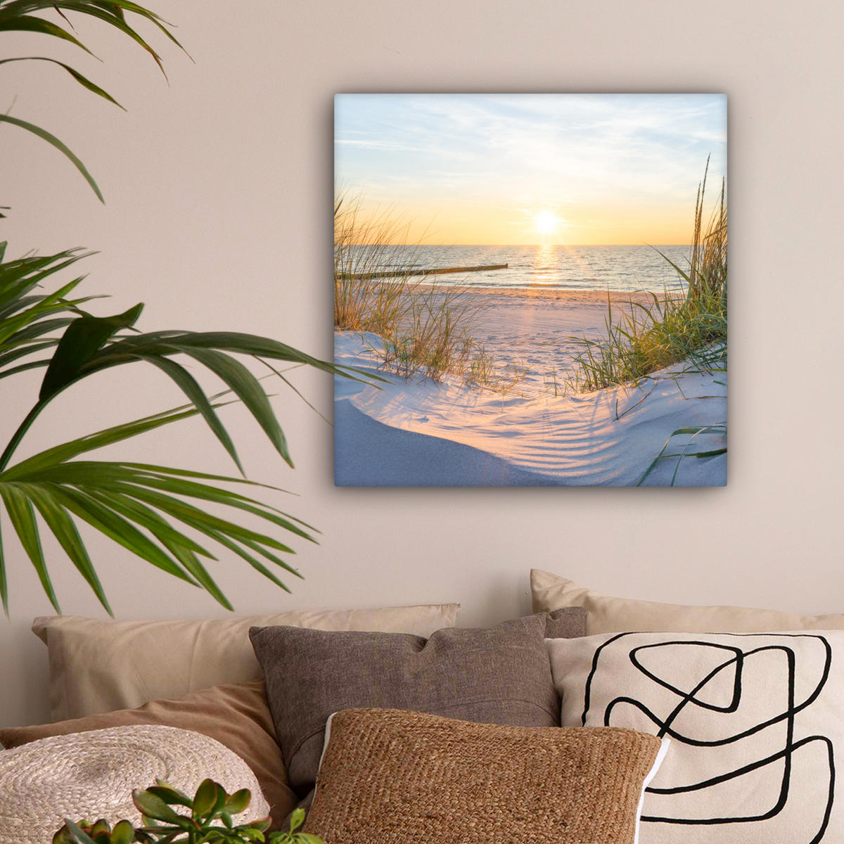 LEINWANDBILD Strand - Sonne - Düne - Gras - Sand - Horizont Wandbild Wohnzimmer 50x50 cm - Hellblau, Textil (50/50cm) - MuchoWow