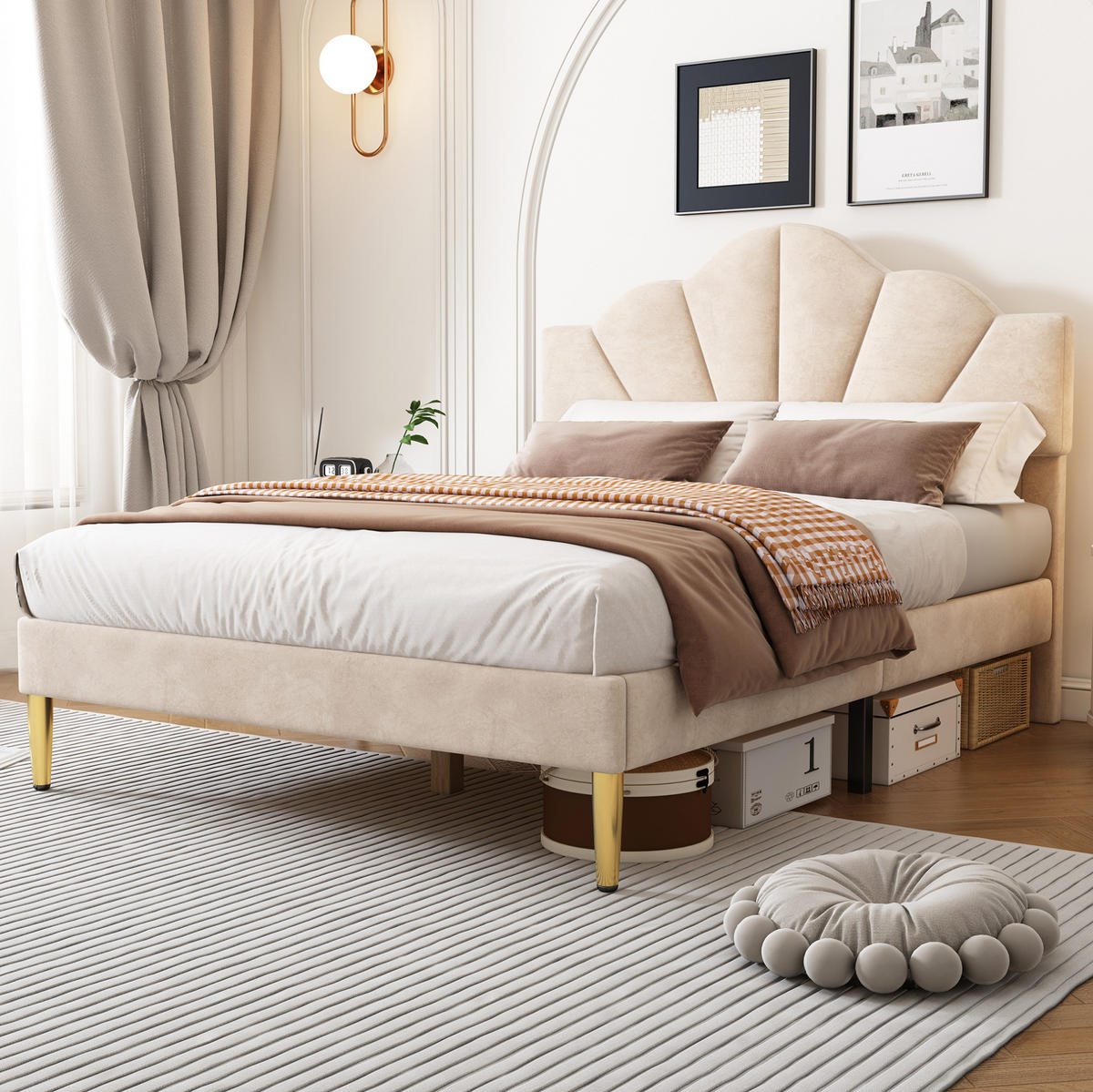 POLSTERBETT 140/190 cm beige aus Velours mit höhenverstellbarem Kopfteil - Beige, Textil (140/190cm) - OKWISH