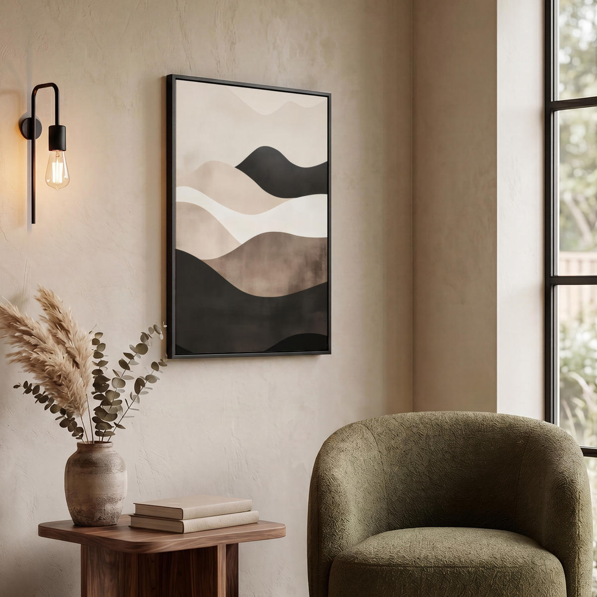 LEINWAND Bilder mit Rahmen - Abstrakt - Landschaft - Wellen - Cremefarben - 60x80 - Cappuccino, Textil (60/80cm) - MuchoWow