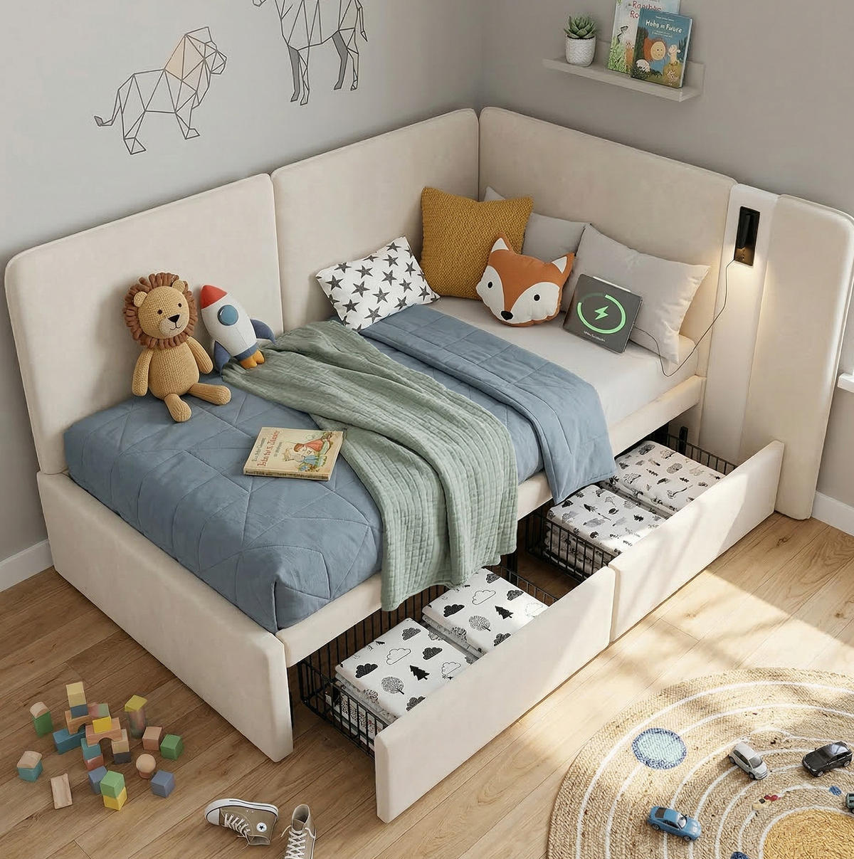 KINDERBETT Polsterbett 90/200 cm aus Samt mit USB-/Typ-C-Anschluss, Leselampe und 2 Schubladen Beige - Beige, Textil (90/200cm) - Modenvie