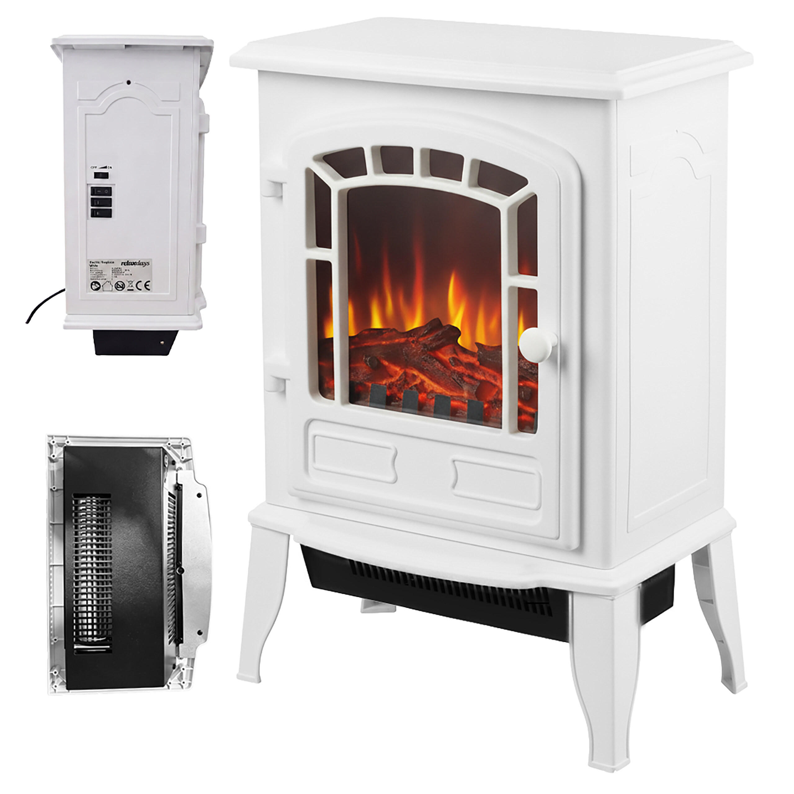 KAMIN Vit elektrisk med värmefläkt 2000 W - Vit, Glas/Plast (39/56.5/24cm) - Relaxdays