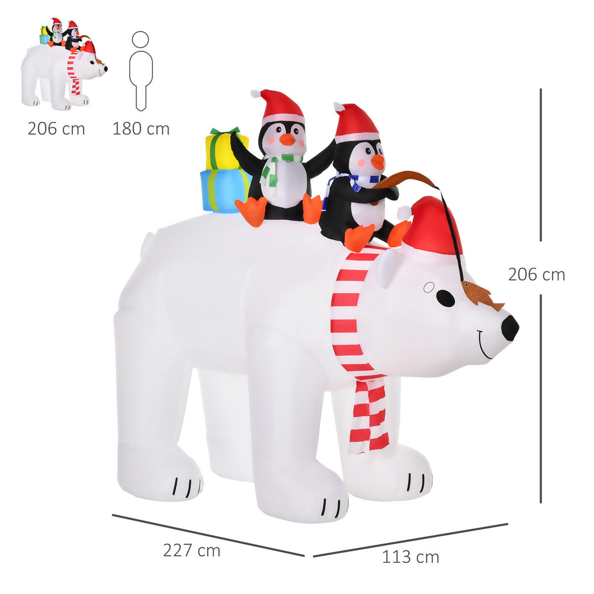 AUFBLASBARE Pinguine auf Eisbär, Polyester, Weiß+Rot+Schwarz - Multicolor, Kunststoff (113/206/227cm) - HOMCOM