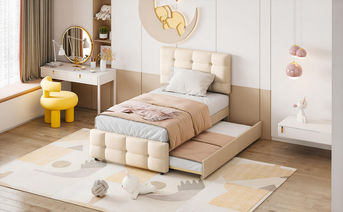 POLSTERBETT 90x200 cm ausziehbar beige - Beige, Textil (90/200cm) - LEBENLANG