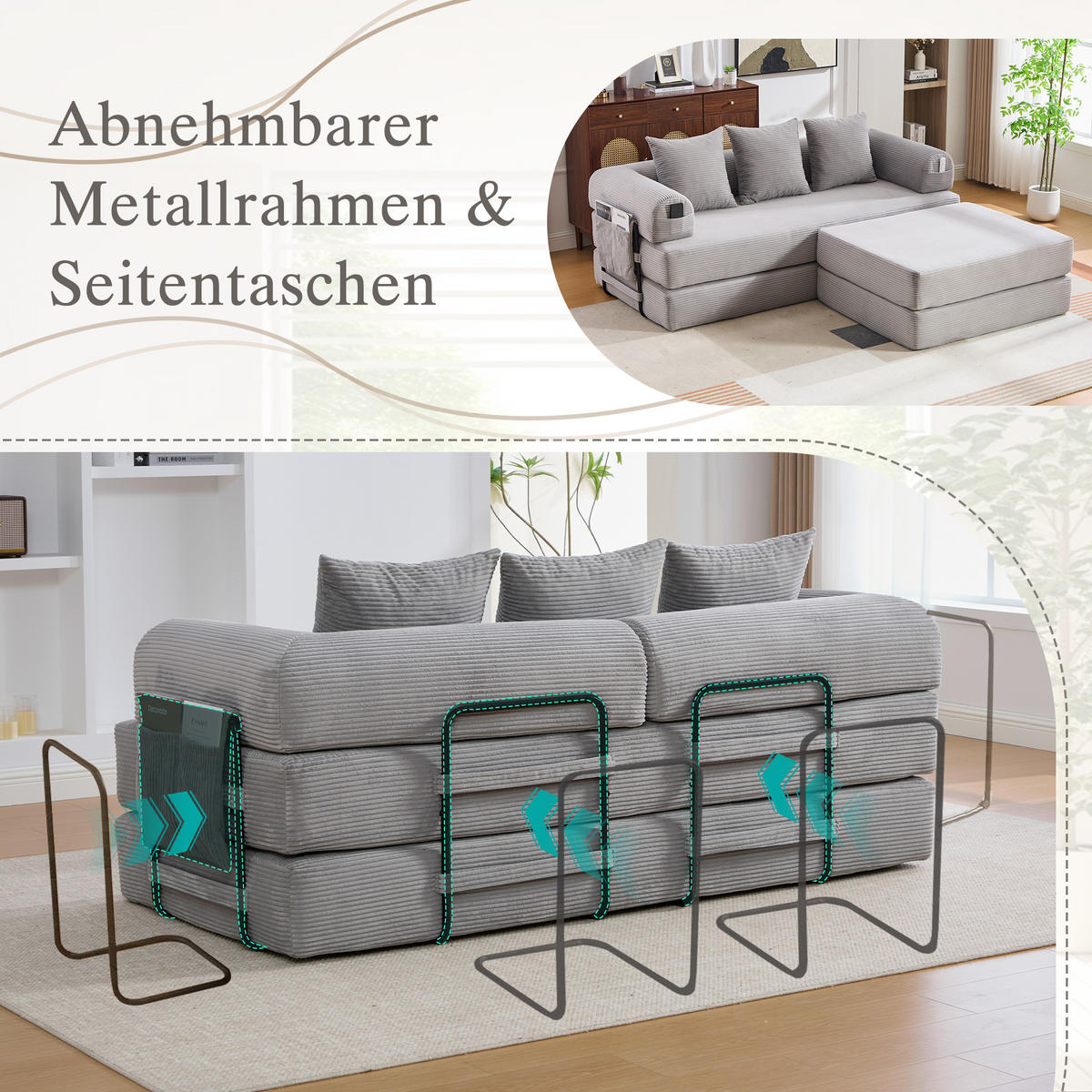 ECKSOFA Cord Hellgrau mit Hocker und Kissen - Hellgrau, Textil/Metall (218/285cm) - WISHDOR