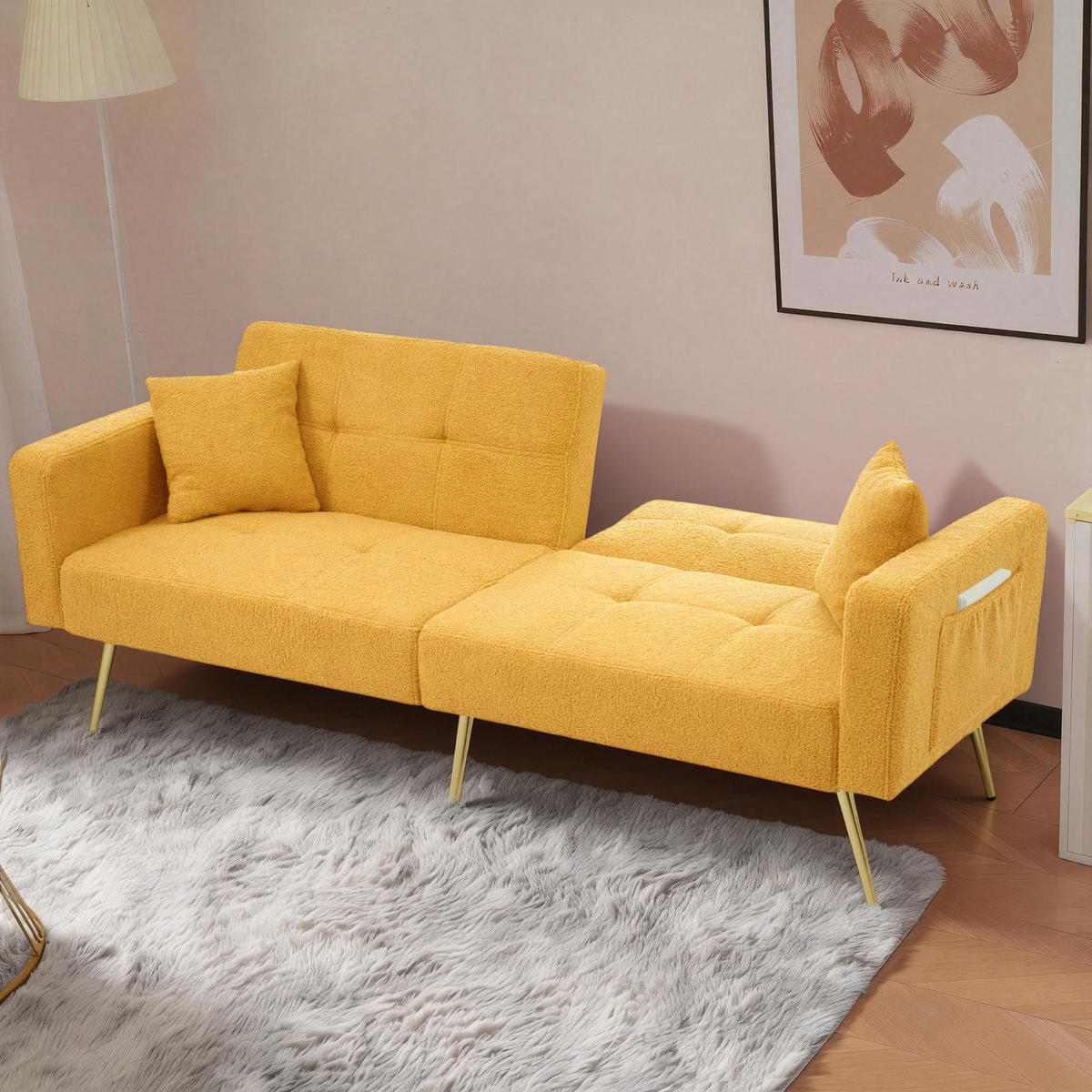 SCHLAFSOFA mit Bettfunktion, Kissen und goldfarbenen Beinen - Gelb, Kunststoff (175/72/64cm)