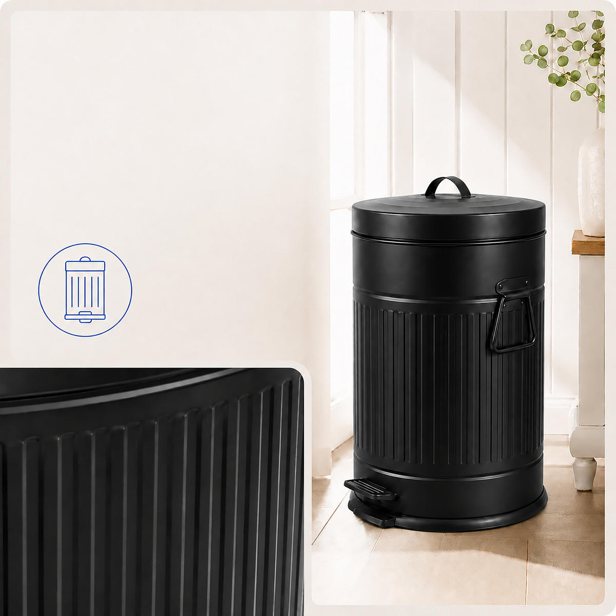 MÜLLEIMER Schwarz Tretpedal 20 l - Schwarz, Kunststoff/Metall (29.5/47/29.5cm) - Relaxdays