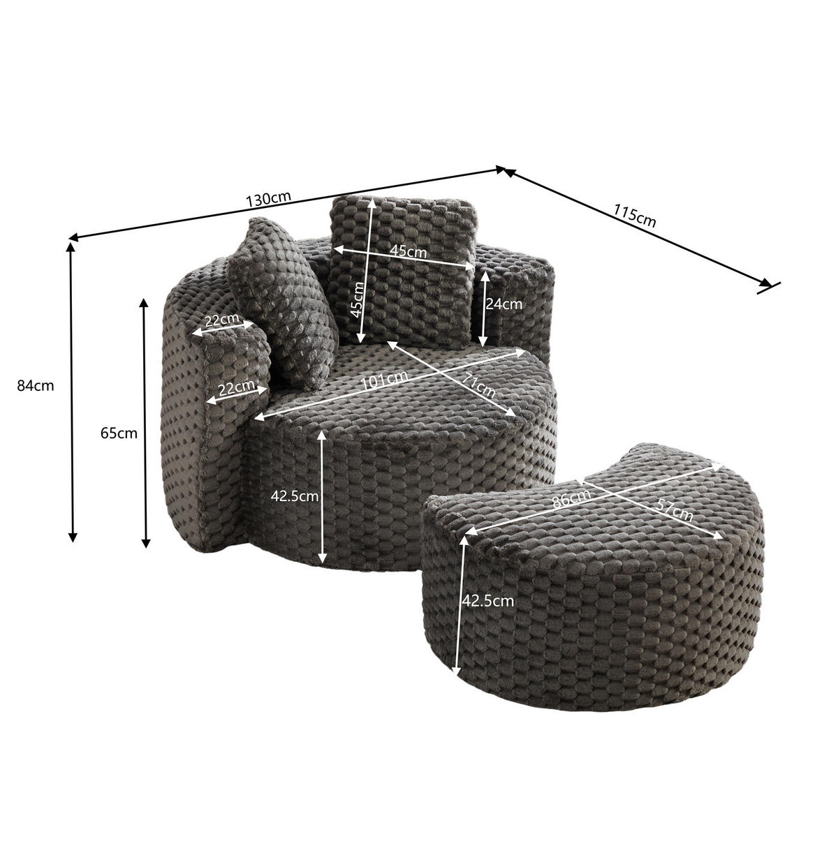 SESSEL aus Stoff 130x115x103 cm Dunkelgrau mit Hocker, ohne Montage und 360°-Design - Dunkelgrau, Textil (129/65/116cm) - Modfu