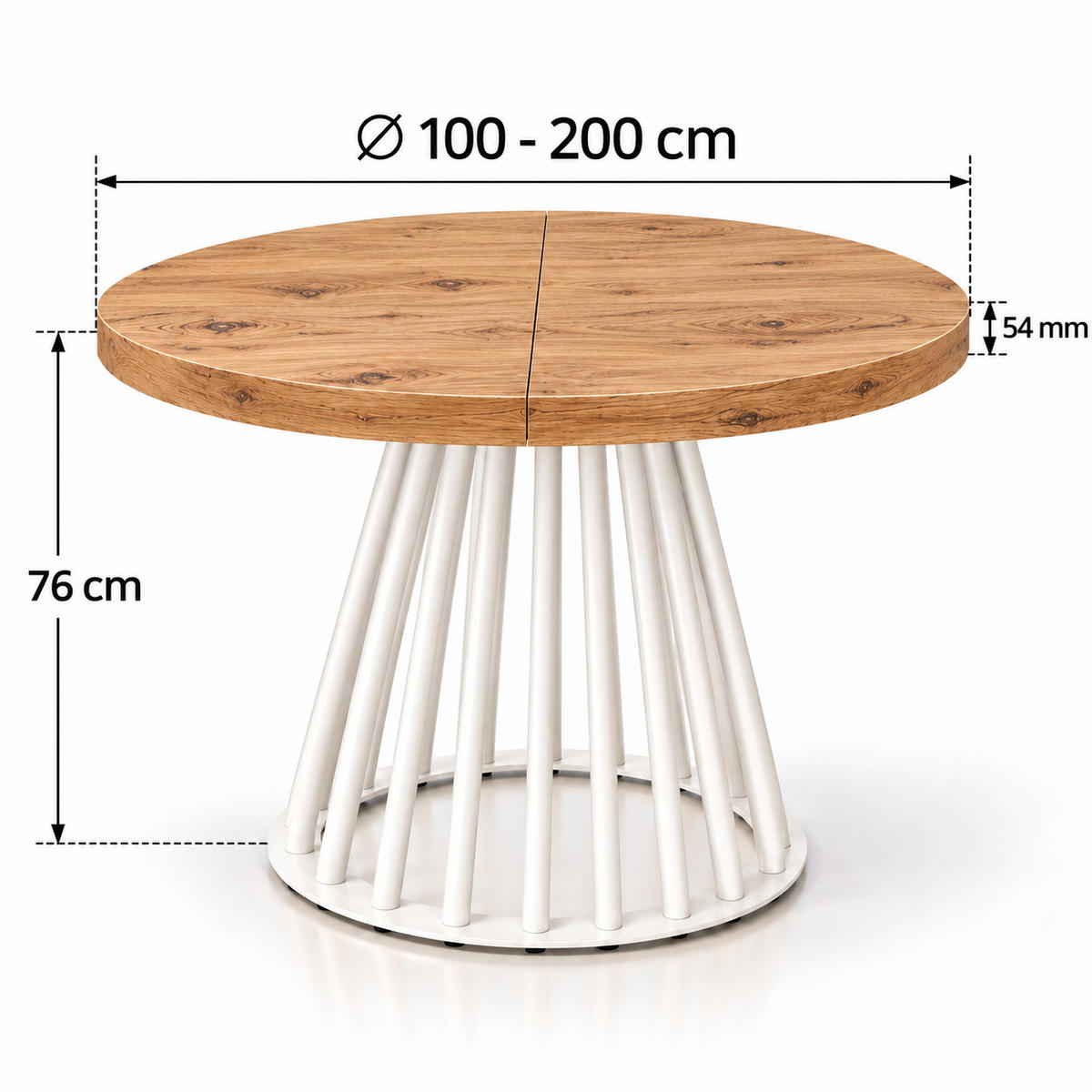 ESSTISCH rund ausziehbar 100/200/76 cm, Eiche Craft, 54 cm Tischplatte + Lamellen-Metallgestell Weiß - Eichefarben/Weiß, Holzwerkstoff/Metall (100/200/76cm) - Damale Möbel