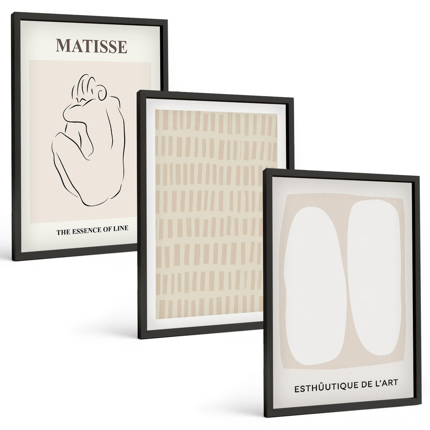 BILDER SET 3er Set - 40x60 cm Schwarzer Rahmen - Linien, Formen, Beige, Weiß - Schwarz, Kunststoff (40/60cm) - TULUP