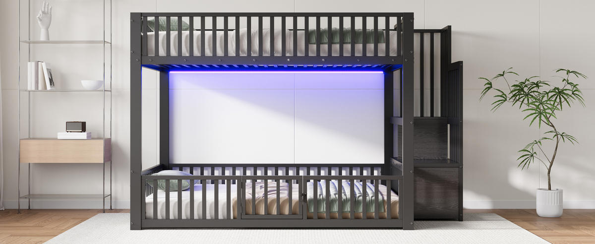 ETAGENBETT 140x200 cm mit Stauraumleiter und LED-Kopfteil, Schutzgittern und Einstiegstür, schwarz - Schwarz, Holzwerkstoff (140/200cm)