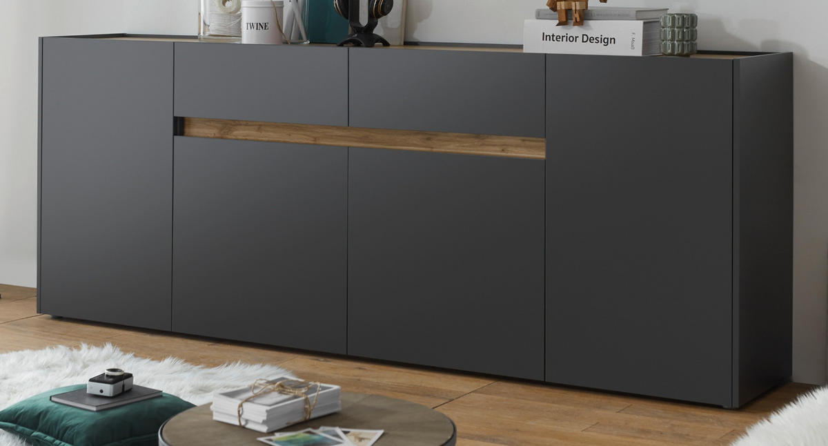 SIDEBOARD grau matt, Wotan Eiche, Kommode, 220 x 87 cm - Anthrazit/Eiche Wotan, Holz/Holzwerkstoff (223/86/40cm) - Furn.Design