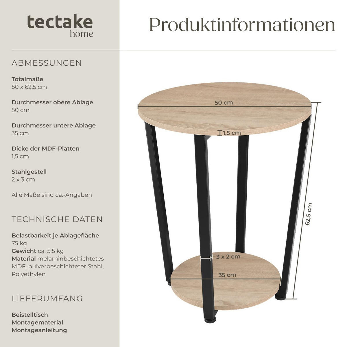 BEISTELLTISCH Swindon,50 x 62,5 cm,Industrial Holz hell, Eiche Sonoma - Naturfarben, Holz (50/50/62.5cm) - tectake