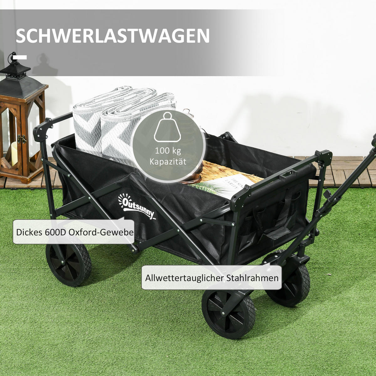 GARTENWAGEN DE-10434 klappbar mit Dach, 110 L Schwarz - Schwarz, Metall (52/105/97cm) - ComfortXL