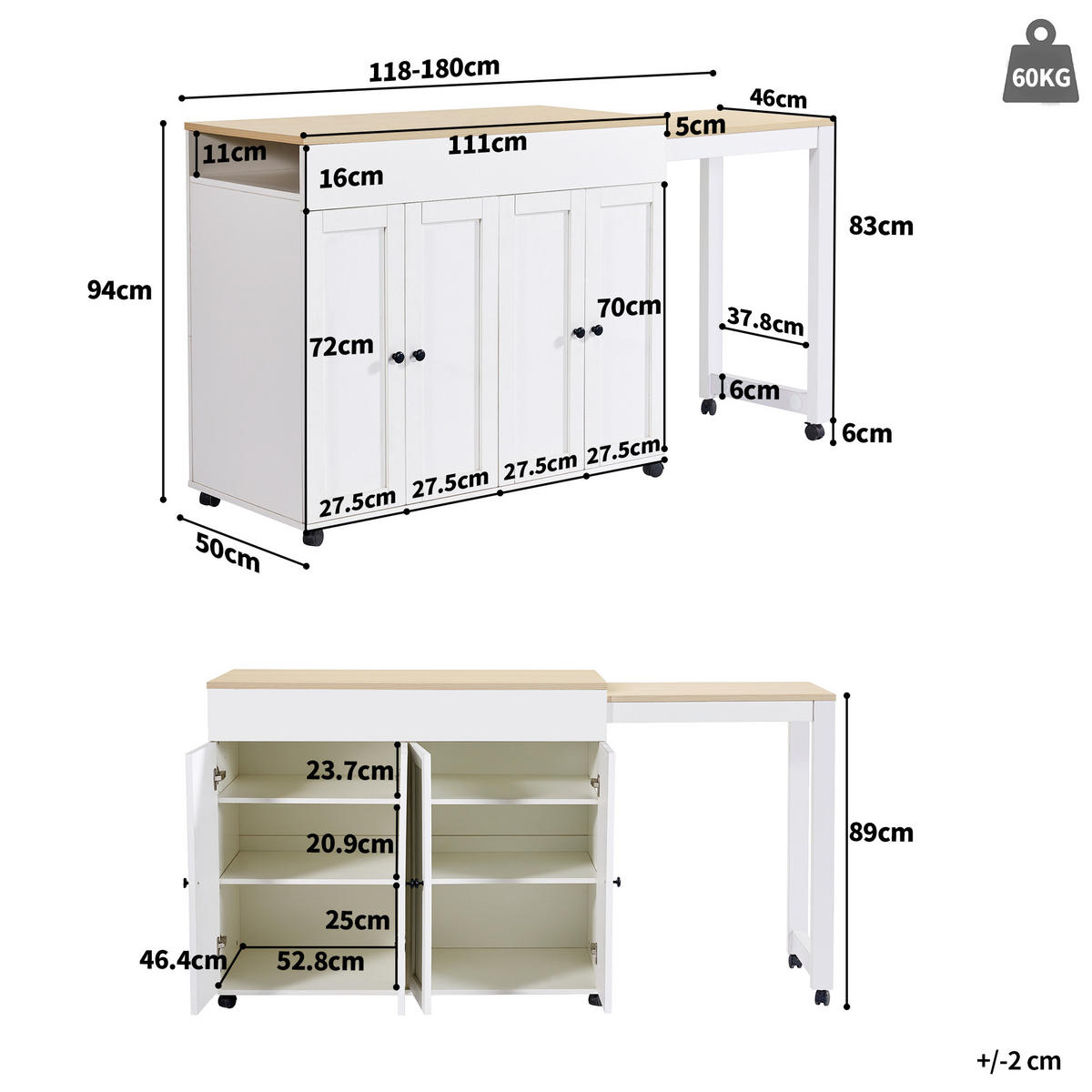 BARTISCH White - Weiß, Holz (50/94/118cm) - Urban Meuble