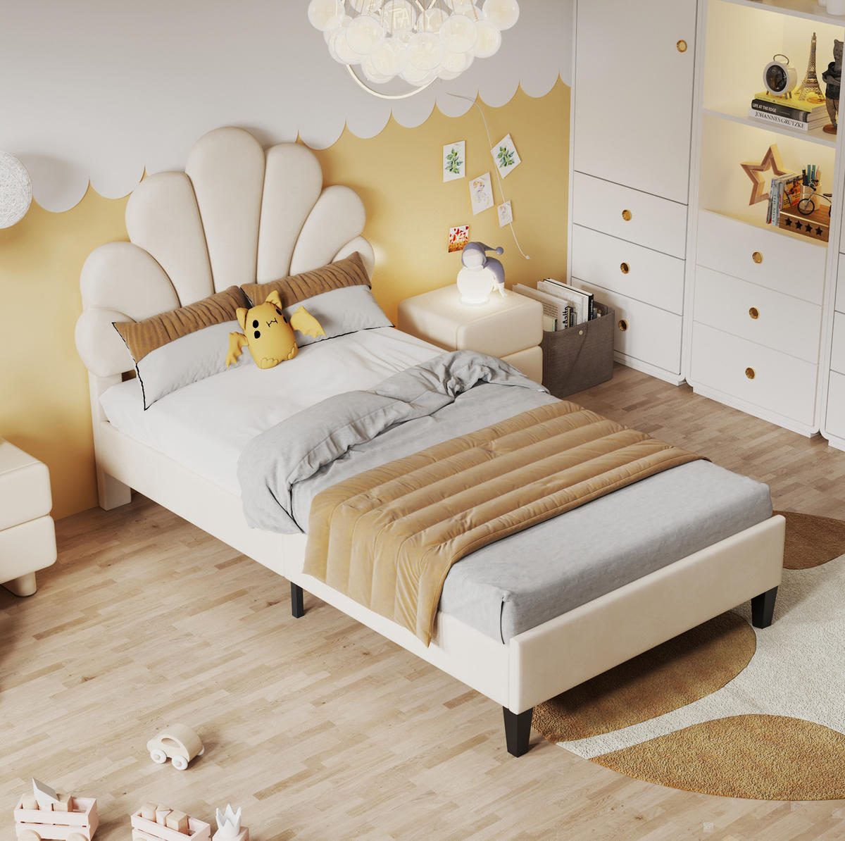 POLSTERBETT 90/200 cm Beige mit Blumen-Kopfteil und Lattenrost - Beige, Textil (90/200cm) - Flora Grace