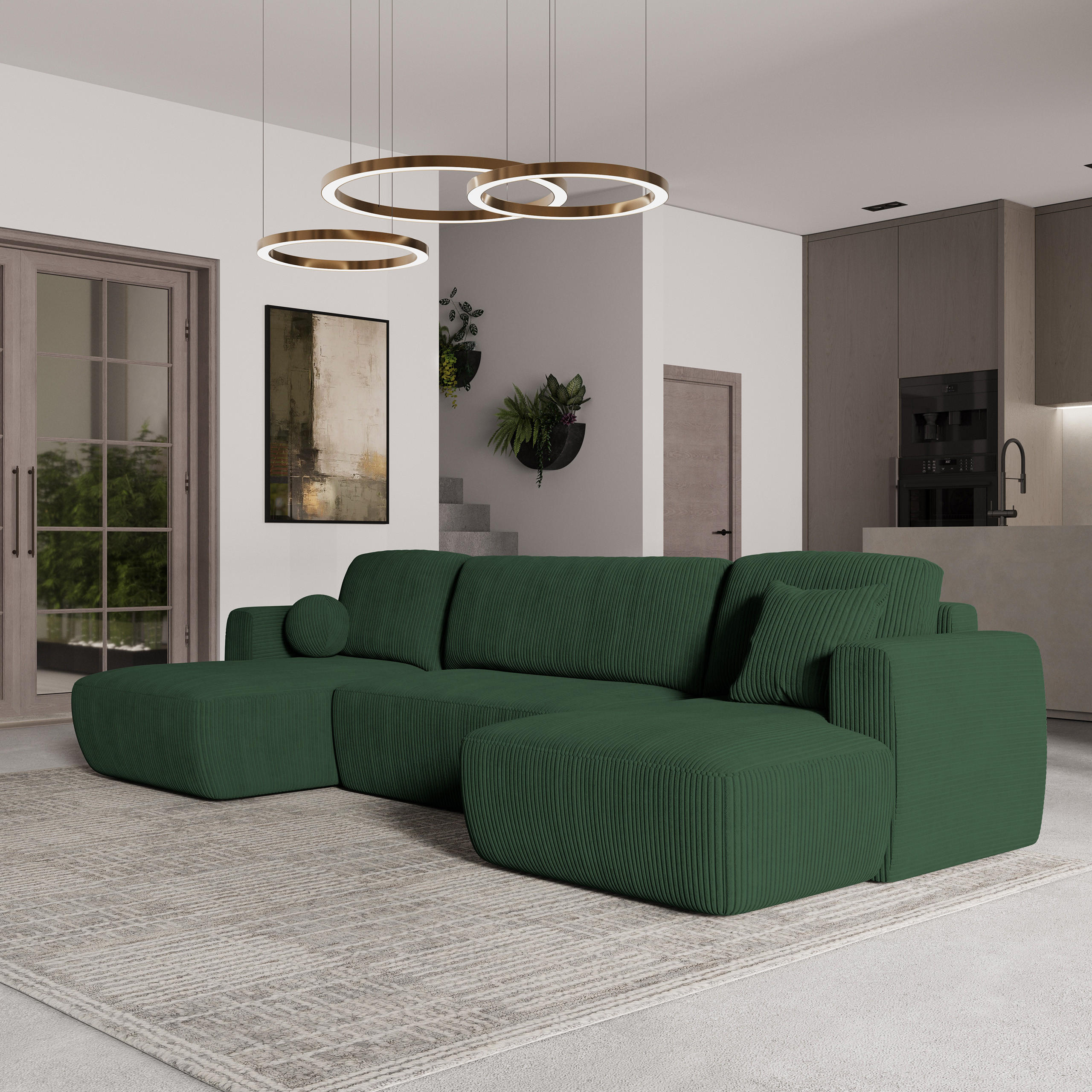 WOHNLANDSCHAFT SENTUM P Grün Kordstoff mit Schlaffunktion - Grün, Holz (330/90/148cm) - MASSENO