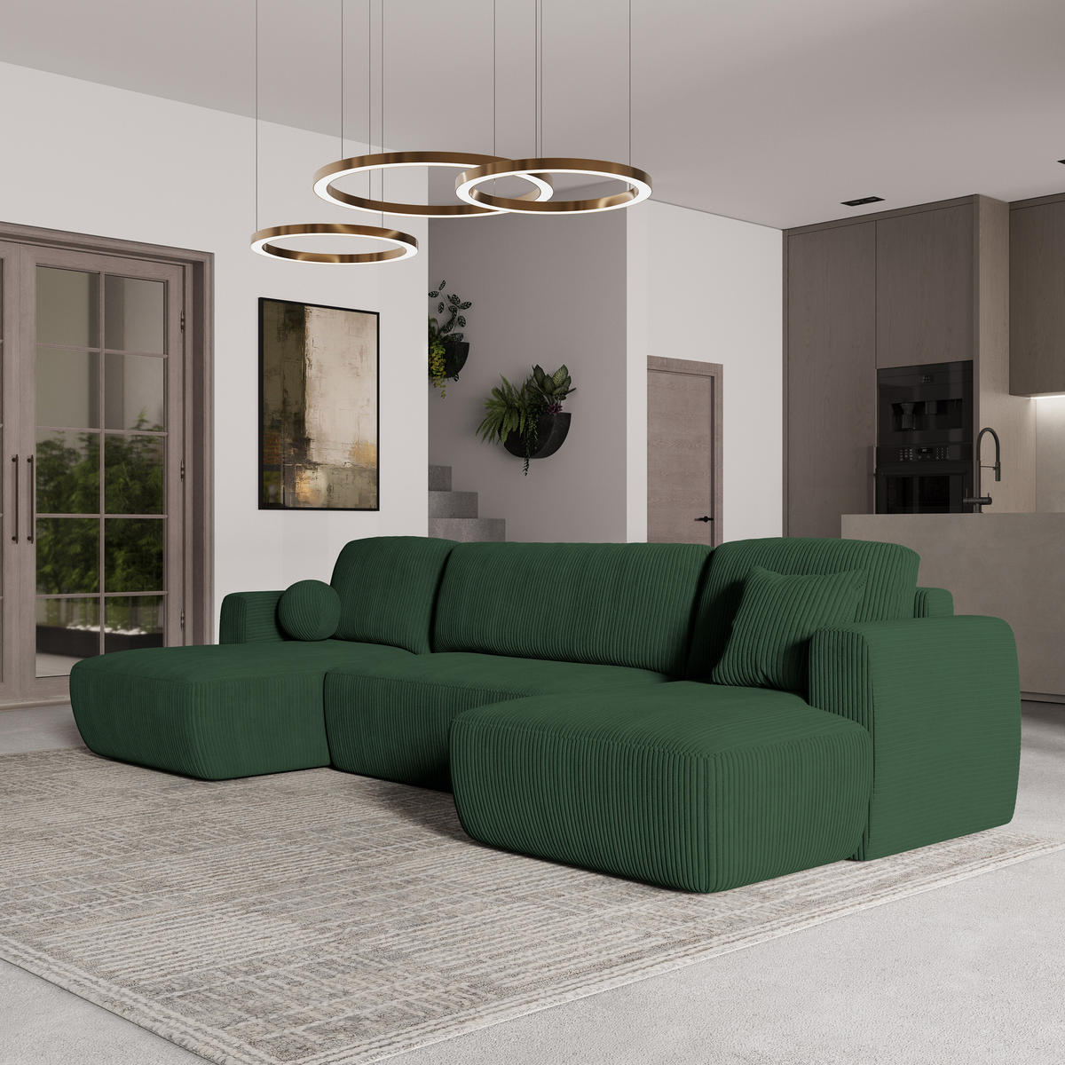 WOHNLANDSCHAFT SENTUM P Grün Kordstoff mit Schlaffunktion - Grün, Holz (330/90/148cm) - MASSENO